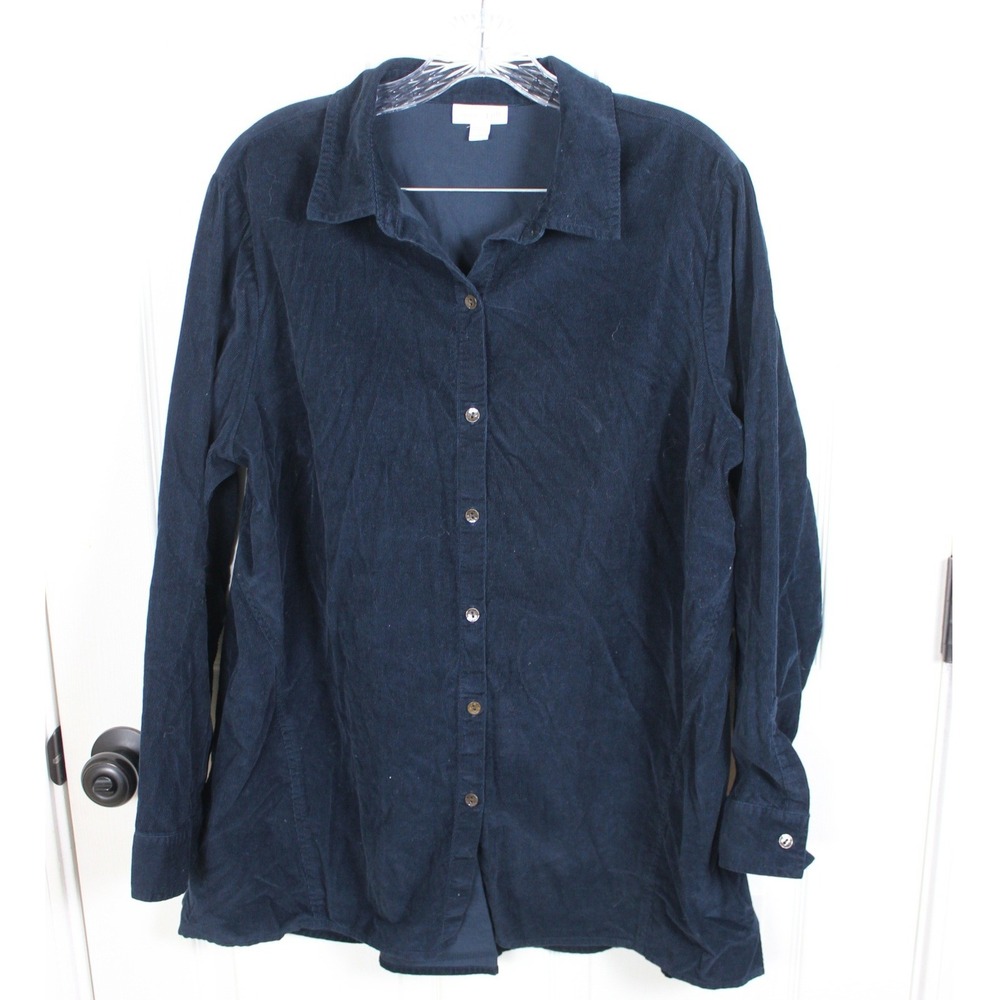 J.Jill Navy Blue Corduroy Button Down Shirt Womens 1X Cotton Long Sleeve Top